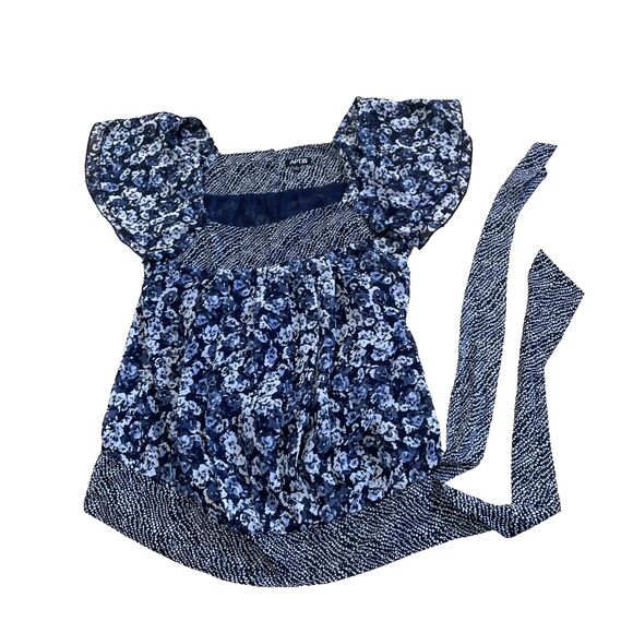 APT 9. Whimsy Tie Top Women L Floral Blue Flutter Sleeve Peasant Blouse Y2k Chic - Picture 1 of 16
